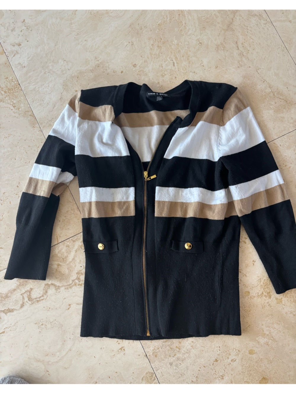 Cable & Gauge Black, White & Tan Striped Zip Sweater